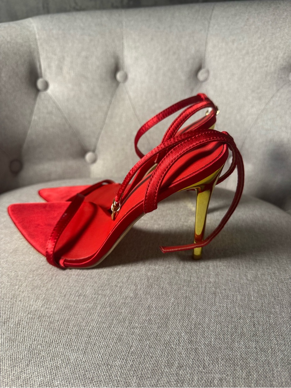 Satin Red Pointed-Toe Slingback Heels with Gold Stiletto